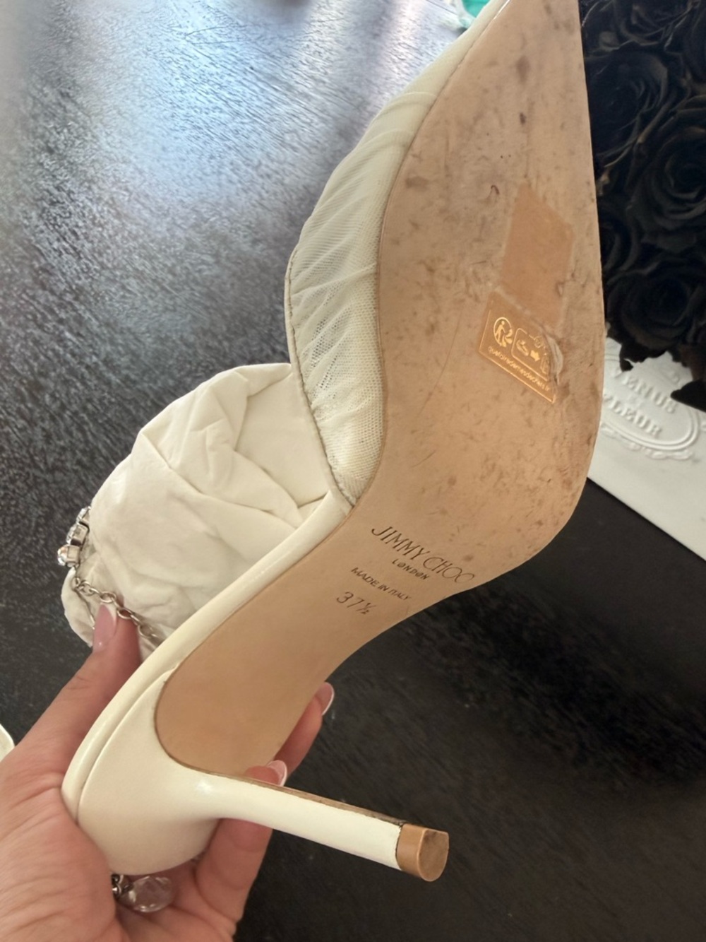 Jimmy Choo Saeda 85 Ivory Tulle Crystal Pump size 37.5 - Picture 11 of 17